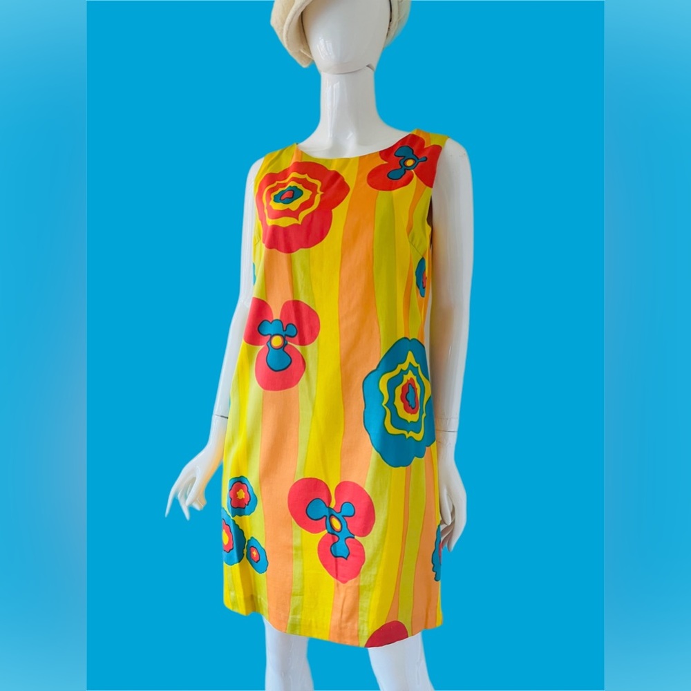 Vtg 60’s Mod Shift Floral Dress Screen Printed
